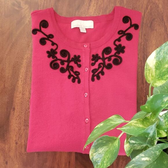 Vintage 80's Cardigan Sweater Black Soutache Red Faceted Buttons - Picture 14 of 14